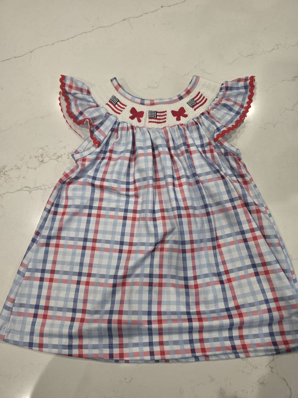 Girls Patriotic Red & Blue Plaid Smocked Dress